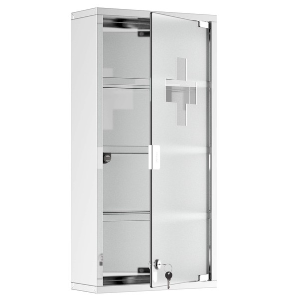 HOMCOM Wall Mounted Medicine Cabinet, Locking Wall Cabinet with 4