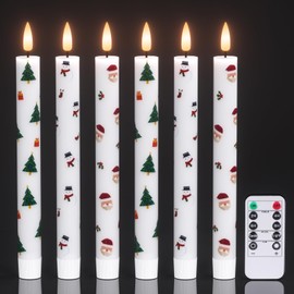 GenSwin Christmas Flameless Taper Candles with Remote Timer, 6 Pcs LED Taper Candles with Christmas Tree Santa Snowman Decals, Battery Operated Candlesticks for Christmas Home Decor(0.78” x 9.6”)