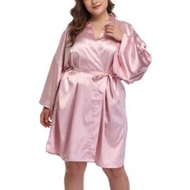 Womens Plus Size Silky Satin Kimono Robes Wedding Party Bridesmaid Sleepwear Bathrobe Dressing Gown, Pink, 4X
