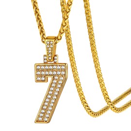 KeyStyle Golden Number 7 Pendant Bling CZ Numbers Necklace for Men, No 7 Crystal Pendant Crystal Pendant For Sport Lovers