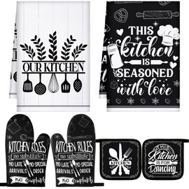 Leinuosen 6 Farmhouse Oven Mitts and Pot Holders Sets Farmhouse Kitchen Towels Absorbent Dish Towels for Cooking Baking Grilling (Cute)