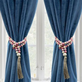 VKSG 2 Pack Wood Bead Curtain Tiebacks for Bedroom Decor Boho Farmhouse Rustic Decor, Baby Nursery Decor Curtain Holdbacks Tie Backs, Pink