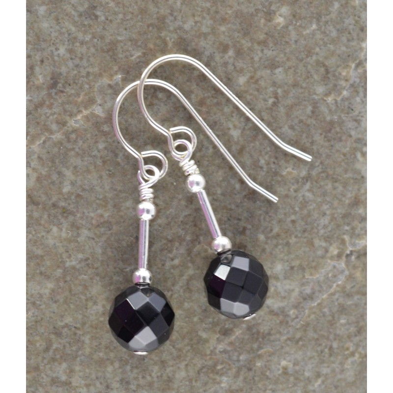 Faceted Black Onyx Gemstone & Sterling Silver Hook Drop Earrings