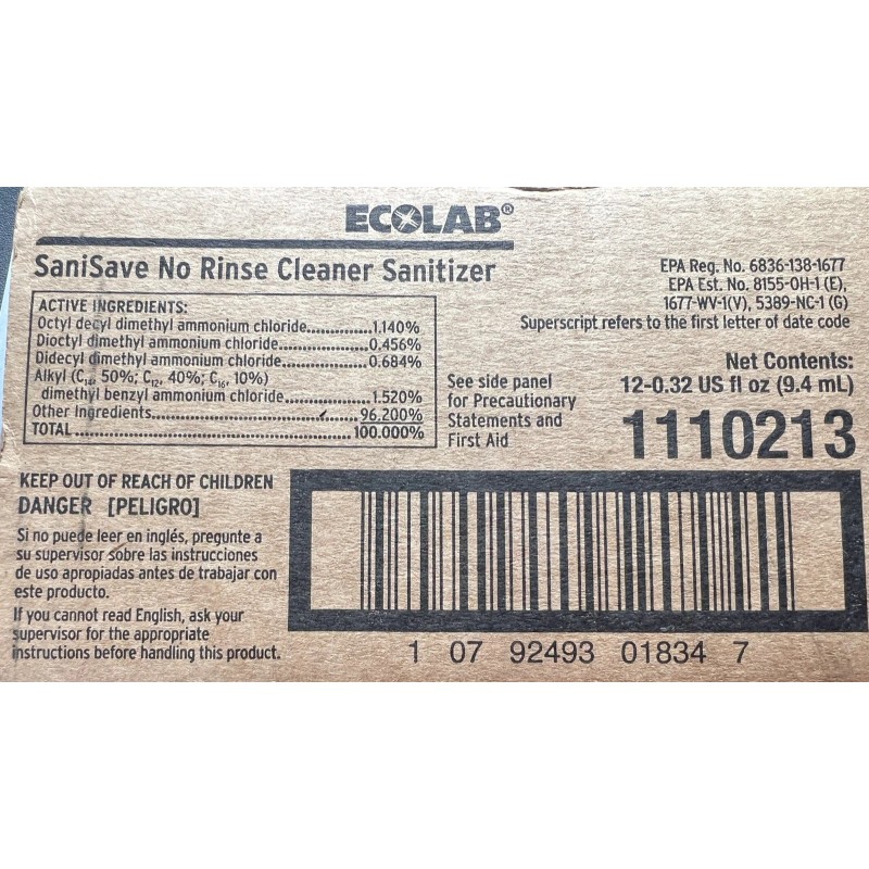ECOLAB Sani Save No Rinse Cleaner Sanitizer 1110213 0.32oz Each