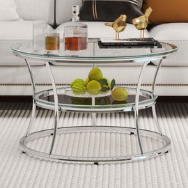 O&K FURNITURE Glass Coffee Table, 2 Tier Coffee Table with Shelf, Modern Coffee Table with Tempered Glass, Silver Coffee Tables for Living Room, Home&Office, Chrome Finish, 1 PC