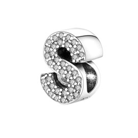 BEEUVIP 925 Sterling Silver Alphabet Letter Charm Bead Fits European Bracelets, Silver, Cubic Zirconia