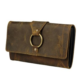 Vintage Distressed Leather Trifold Wallet with Ring Closure, Brown, Multi-Compartment Design