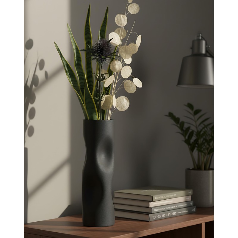 OOSTONEE 11 Inch Black Matte Ceramic Vase – Tall Flower