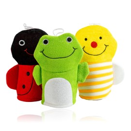 Made Easy Kit Hand Puppet Bath Wash Mitt Towel with Animal Designs with Loofahs for Fun Interactive Bathing Time (Red Green Yellow (No Loofah))