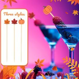 KEYIDO® 100 Counts Pumpkin Maple Leaf Cocktail Sticks, Handmade Wooden Cocktail Skewers, Autumn Cupcake Finger Food Picks for Fall Thanksgiving Birthday Wedding Party Decoration Supplies