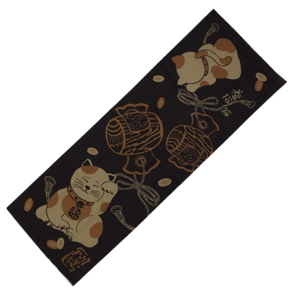 Tenugui Tenugui, Japanese Pattern, Auspicious, Made in Japan, Dark Brown Jifuku Maneki Neko Cat, Cotton, Men's, Women's, Kimono, Yukata