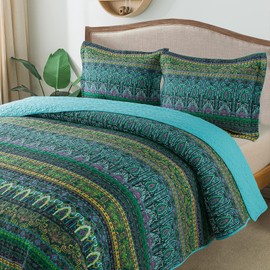 NEWLAKE Cotton Bedspread Quilt Sets-Reversible Patchwork Coverlet Set, Mysterious Bohemian Style, King Size