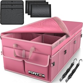 FORTEM Car Trunk Organizer, Car Storage Organizer, Collapsible Multi Compartment Car Organizer, SUV Trunk Organizer, Non Slip Bottom, Adjustable Securing Straps, Soft Cover 85L (Pink, X-Large)