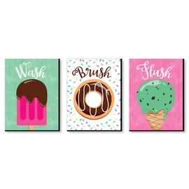 Big Dot of Happiness Sweet Shoppe - Kids Bathroom Rules Wall Art - 7.5 x 10 inches - Set of 3 Signs - Wash, Brush, Flush