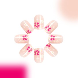 Short Press on Nails Square Fake Nails with Pink White Flower Designs Nude Nails Press ons Glossy Glue on Nails Cute Acrylic Nails Spring Summer False Nails Artificial Stick on Nails for Women 24Pcs
