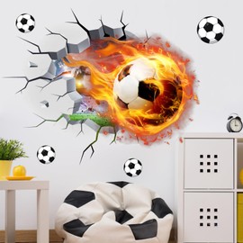 Football Wall Stickers Football Wall Decals for Boys Bedroom Decor 3D Broken Wall Decal Peel and Stick Soccer Player Wall Stickers Sports Wall Art Murals Vinyls Decals for Teenager Room Playroom Decor
