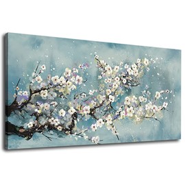 Flowers Wall Art Plum Blossom Canvas Art Botanical Floral Canvas Pictures Grey Blue Canvas Artwork for Bedroom Living Room Bathroom Kitchen Office Home Wall Decor Framed Ready to Hang 24" x 48"