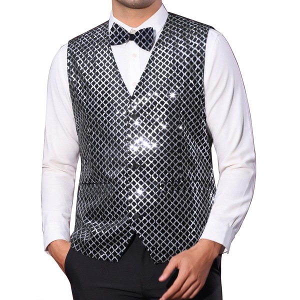 Lars Amadeus Argyle Silver Sequin Vest for Men's V-Neck Party