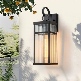 OUPAVOCS Outdoor Wall Lights, 16 inch Black Wall Sconce, Modern Exterior Lighting Fixture, Porch Lantern Wall Mount with Striped Glass for Patio, House,1 Pack