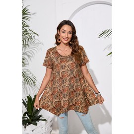 Enmain Tunic Tops for Women UK Short Sleeve Brown Swing Tops Round Neck Womens Summer Elegant Hanky Ham Tunics for Holiday, Brown, XL