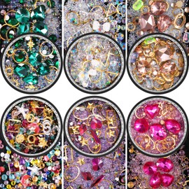 editTime 6 Wheels Mixed Sparkle Nail Art Rhinestones Diamonds Crystals Butterfly Beads Artificial Pearls Gold Silver Nail Studs Gems Metal Hollow Rivets Charms (Micro Caviar Beads kit)