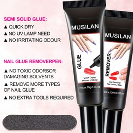 MUSILAN Newly Upgraded Nail Glue Gel with Remover Kit,Long-Lasting Semi Solid Super Strong Nail Glue for Press On Tip Quick Drying Nail Glue Remover No Need for UV Lamp Fake Acrylic Nails Kit Glue Gel