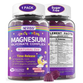 Magnesium Glycinate Gummies for Adults & Kids 4+, Sugar Free Magnesium Bisglycinate Supplement 400/200mg with B6D3, 5HTP, L-Theanine for Sleep & Relaxation, Brain, Muscle, Melatonin Free Gummies,1Pack