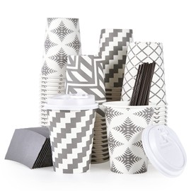 LITOPAK 100 Pack 12 oz Paper Coffee Cups, Disposable Coffee Cups with Lid, Sleeve, and Straws, Four Designs of Hot Coffee Cups, Disposable Paper Cups, and Drink Cups for Home, Stores, and Cafes.