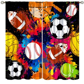 AAVEUP Sports Decor Curtains for Boys,Cartoon Colourful Pigment Sports Games Football Basketball Rugby Baseball Window Drapes Print for Kids Nursery Children Toddlers Bedroom Bathroom 42x45in