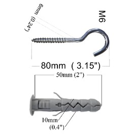 Hooks Heavy Duty Large Screw for Hanging Washing Line Indoor and Outdoor Eye Box of 10pcs Set Size: Wall Plastic Plugs P M10 10x50mm & Hook Screw-in S M6 6x80mm
