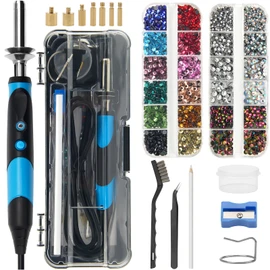 AngleKai New-Upgrade Hotfix Applicator Tool, Rapid-Heating Hotfix Rhinestone Setter Bedazzler Kit for Crafts, 15 Color Rhinestone/ 7 Tips/Tweezers/Pencil/Brush (Blue)