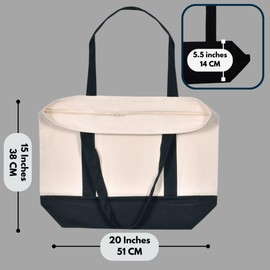 MINIMARG Heavy Duty 100% Cotton Canvas Tote Bag With Zip and external pocket, Suitable for Daily Grocery, Travel, Shopping, Events and Gifts, Sturdy Reusable Beach Tote Bag for Women