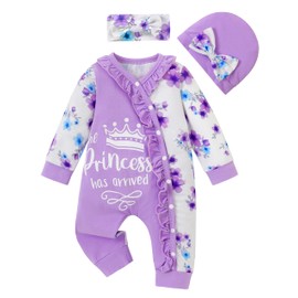 AIBOLYNE Newborn Baby Girl Clothes Baby Girl Outfits Ruffled Longsleeve Romper with Headband Hat Newborn Girl Outfits Purple