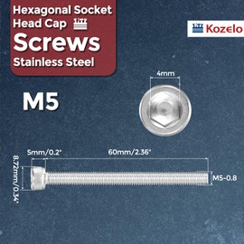 Kozelo Pack of 10 Cylinder Screws with Hexagon Socket - [M5-0.8 x 60 mm] 304 Stainless Steel Full Thread Allen Hex Drive for Electric Motor 3D Printing Fan Motor Replacement, Silver