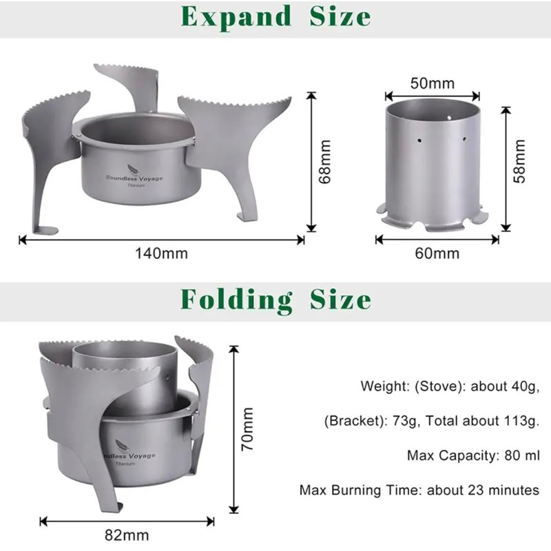 Titanium Alcohol Stove, Extendable to 14 cm, Ultra Light, for