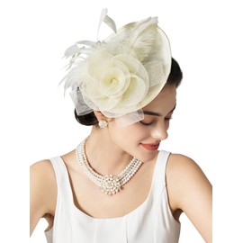 SWEETV Flower Sinamay Tea Party Fascinators for Women, Kentucky Derby Hats for Church, Cocktail, Wedding, Fancy Dress Party, Beige
