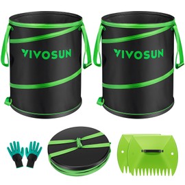 VIVOSUN 47-Gallon Collapsible Trash Can, Reusable Pop-Up Garden Bag with Hard-Shell Bottom, Leaf Scoops and Gloves, Yard Waste Container for Lawn Care and Camping, 2-Pack
