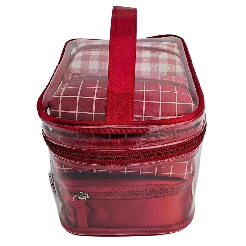 Elegant 4 Piece Cosmetic Bag Set Red Clear Box Checked