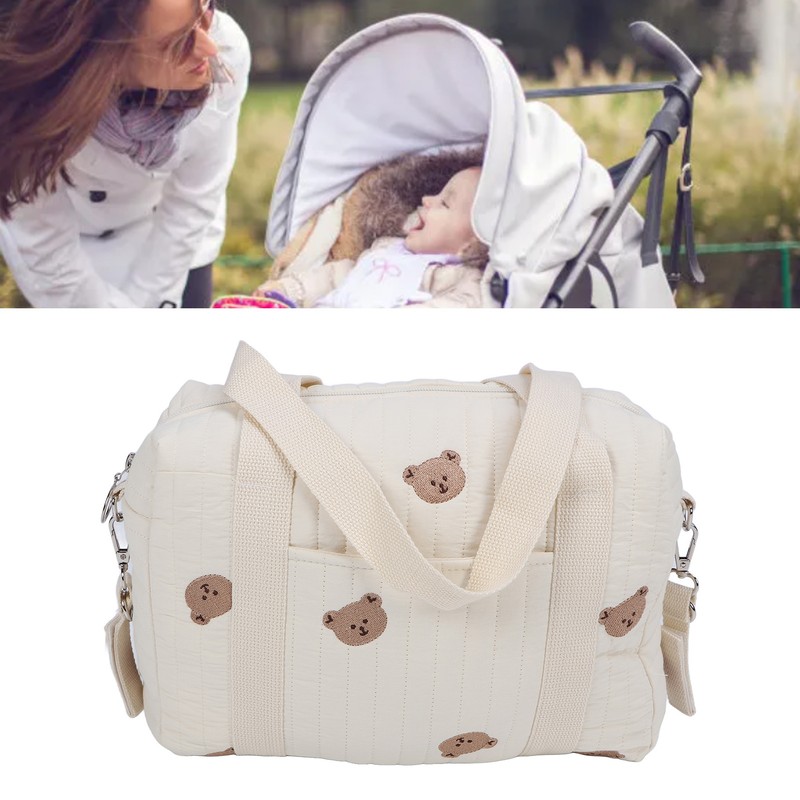 Multifunctional Baby Stroller Storage Bag Zipper Embroidery Reusable Handbag Nappy