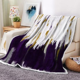Uokiuki Abstract Ombre Throw Blankets, Modren Chic Art Oil Painting Cozy Warm Bed Couch Blanket, Purple Gold White Fleece Flannel Throws to Decorate The Room and Bedroom