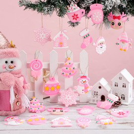 Lunmon 24 Pcs Pink Christmas Ornaments PVC Pastel Pink Ornaments for Christmas Tree Santa Claus Gingerbread House Gnomes Ornaments Winter Tree Ornaments Pink Christmas Decor for Tree Home Party