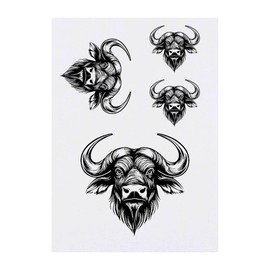 4 x 'African Buffalo' Temporary Tattoos - Water Resistant, Skin-Safe, Non-Toxic Transfers, Mixed Sizes (TO00080898)