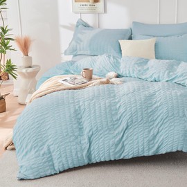 HYMOKEGE Lake Blue King Size Comforter Set Seersucker 7 Pieces, All Season Luxury Bed in a Bag for Bedroom, Bedding Set with Comforters, Sheets, Pillowcases & Shams