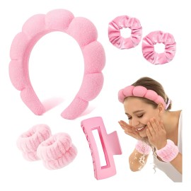 Kit 6pzs Diademas Para Maquillaje Y Muñequeras Skincare Spa Rosa Fashi