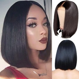 Short Straight Bob Wigs, Lace Front Human Hair Wigs, Short Bob Wigs, Human Hair Wigs with Lace Closure, Brazilian Hair Wigs, Lace Closure Wigs (A)