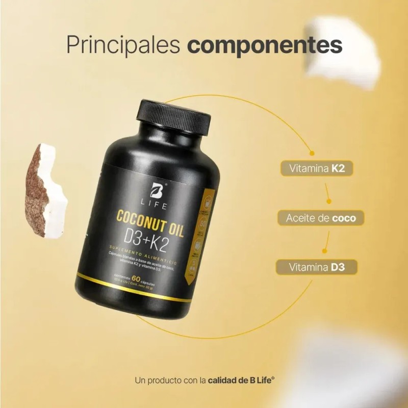 Coconut Oil D3+ K2 60 Cápsulas B Life Sin Sabor