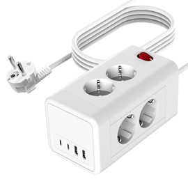 8-Way Socket Tower Distribution Socket, Power Strip with 2USB A & 2USB C, Multiple Socket Power Strip with 2 m Extension Cord, for Office, Home, White