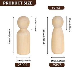 WENLISELL 50 PCS Wooden Peg Dolls 65mm, Unfinished Wooden People Figures, 25 Male 25 Female Plain Blank Doll Bodies for Painting, DIY Craft Art Projects