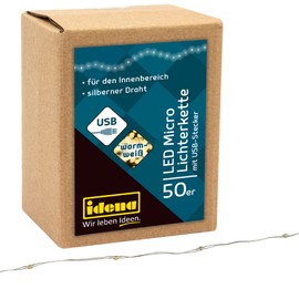 Idena 30257 - Catena luminosa LED Micro con 50 LED in bianco caldo e spina USB, per uso interno, per feste, Natale, decorazione, matrimonio, come luce d'atmosfera e per l'artigianato