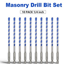 10 Pack 1/4 inch Concrete Drill Bit Set,Masonry Drill Bit Set with Hex Shank,Carbide Tip Drill Bits for Concrete, Cement, Tile,Brick, Plastic and Ceramic (1/4"（10 Pcs）)